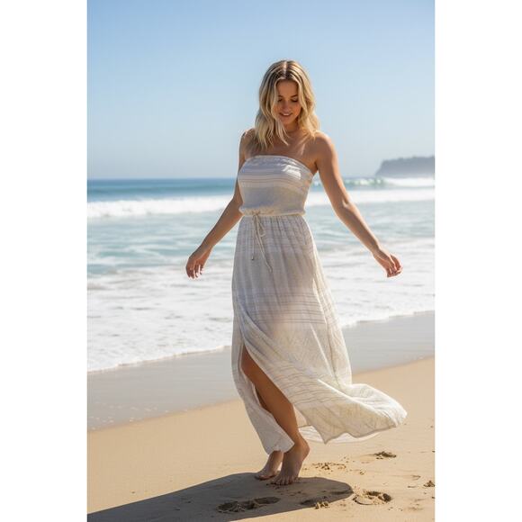 VITAMIN A Shimmer Ivory Strapless Cover Up Maxi Dress Size 6/Small Cinch Waist - Picture 1 of 8